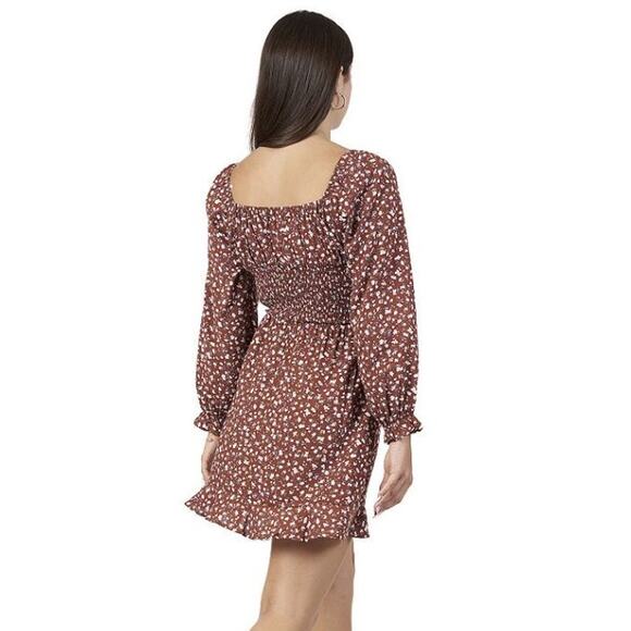 Boho Babydoll Size Large Mini DRESS Smocked Brown Blue Floral Square Neck NEW - Picture 2 of 11